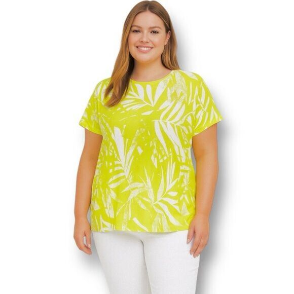 Torrid 2X Lime Green Palm Leaf Print Top Short Sleeve Blouse NWT Tropical Resort - Picture 1 of 11
